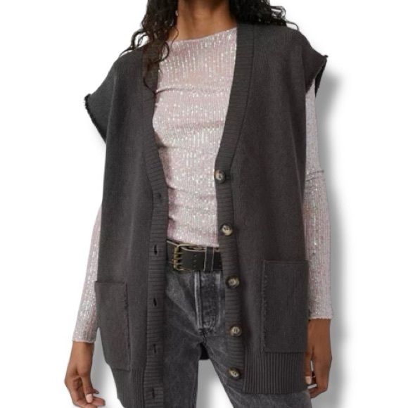 Free People Oakleigh Oversized Sweater Vest in Charcoal Size Large - Picture 6 of 13